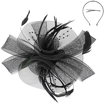 Classy Fascinator with Mesh Netting and Feathers