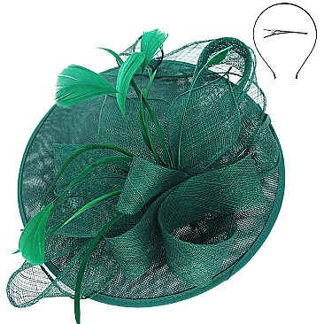 Round Shaped Sinamay RIBBON Fascinator with Feather Accent