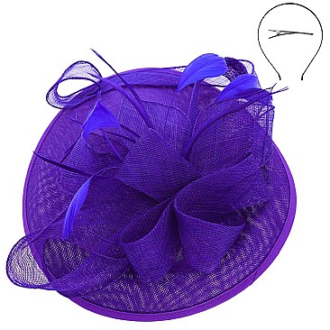 Round Shaped Sinamay RIBBON Fascinator with Feather Accent