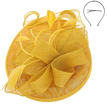Round Shaped Sinamay RIBBON Fascinator with Feather Accent