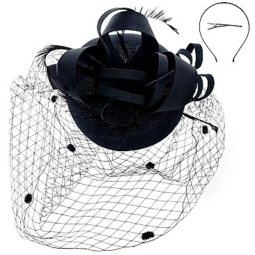 MESH LOOPY RIBBON AND FEATHER ACCENT CAP Fascinator