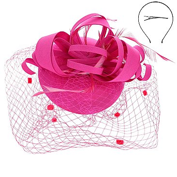 MESH LOOPY RIBBON AND FEATHER ACCENT CAP Fascinator