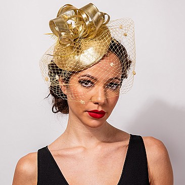 MESH LOOPY RIBBON AND FEATHER ACCENT CAP Fascinator