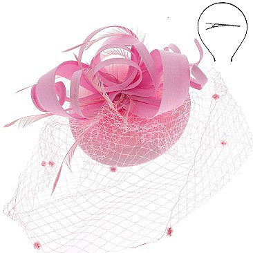 MESH LOOPY RIBBON AND FEATHER ACCENT CAP Fascinator