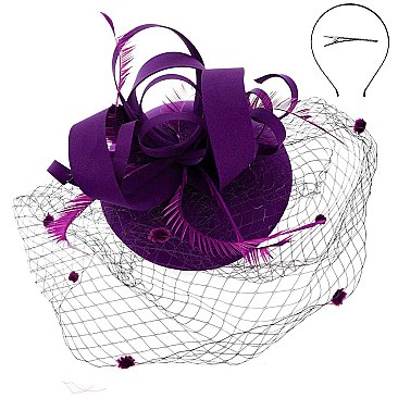 MESH LOOPY RIBBON AND FEATHER ACCENT CAP Fascinator