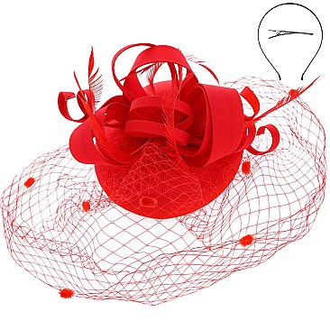 MESH LOOPY RIBBON AND FEATHER ACCENT CAP Fascinator