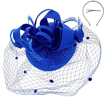 MESH LOOPY RIBBON AND FEATHER ACCENT CAP Fascinator