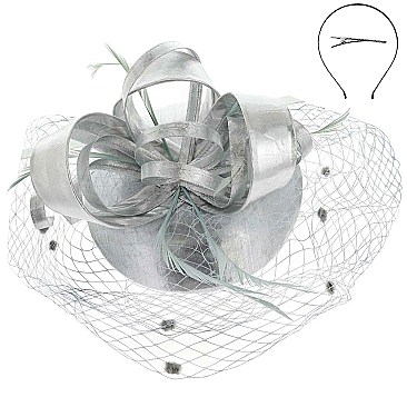 MESH LOOPY RIBBON AND FEATHER ACCENT CAP Fascinator