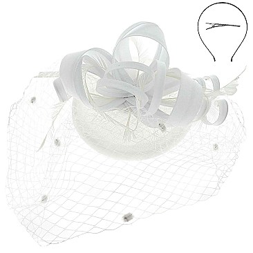 MESH LOOPY RIBBON AND FEATHER ACCENT CAP Fascinator