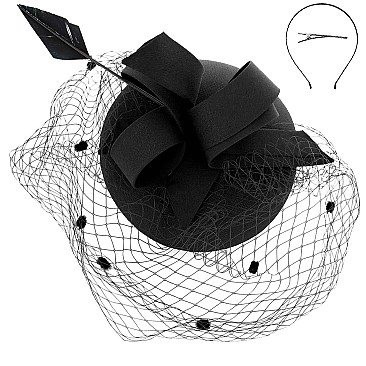 Classy MESH Ribbon and FEATHER Accented CAP Fascinator