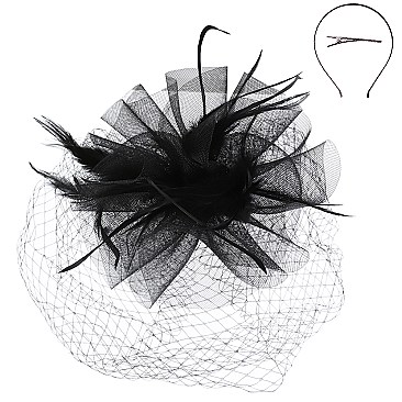 CLASSY VEILED MESH FASCINATOR WITH FEATHERS