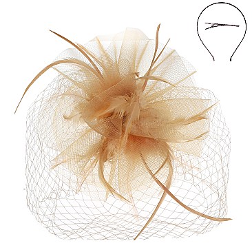 CLASSY VEILED MESH FASCINATOR WITH FEATHERS