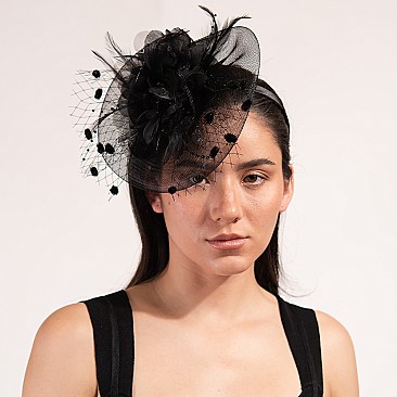 Feather and polkadot net accent Flower Center FASCINATOR