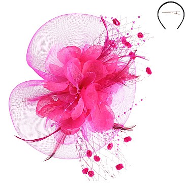 Feather and polkadot net accent Flower Center FASCINATOR