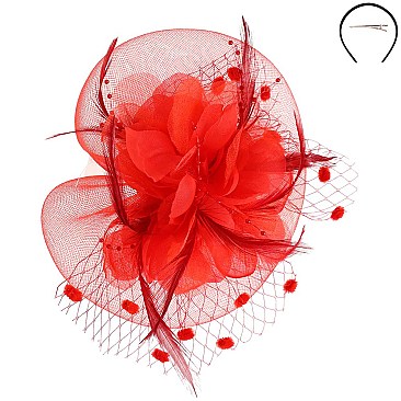 Feather and polkadot net accent Flower Center FASCINATOR