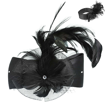 LARGE BOW FEATHERED NETTED DECORATIVE HEADPIECE