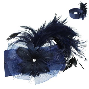 LARGE BOW FEATHERED NETTED DECORATIVE HEADPIECE