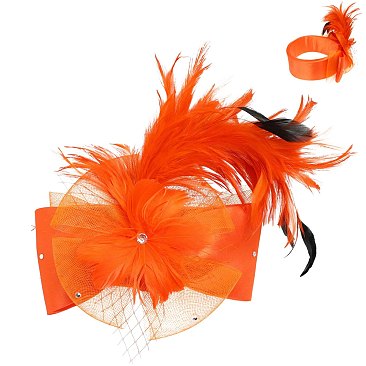 LARGE BOW FEATHERED NETTED DECORATIVE HEADPIECE