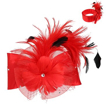 LARGE BOW FEATHERED NETTED DECORATIVE HEADPIECE