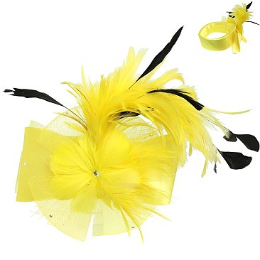 LARGE BOW FEATHERED NETTED DECORATIVE HEADPIECE