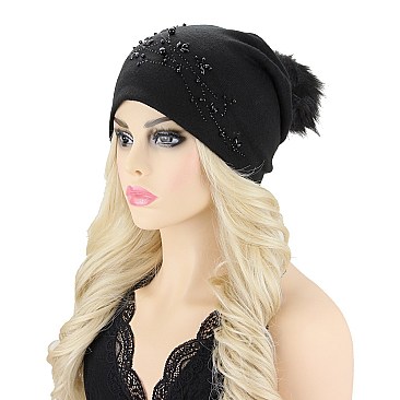 FASHIONABLE BEADED VINE POM POM BEANIE HAT