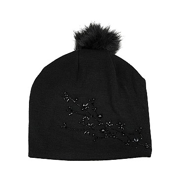 FASHIONABLE BEADED VINE POM POM BEANIE HAT