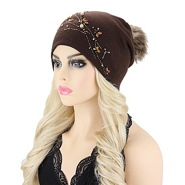 FASHIONABLE BEADED VINE POM POM BEANIE HAT