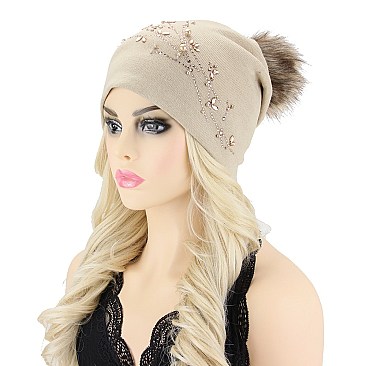 FASHIONABLE BEADED VINE POM POM BEANIE HAT