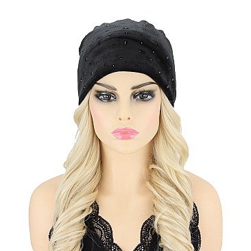 STYLISH RHINESTONE VELVET RUFFLE BEANIE