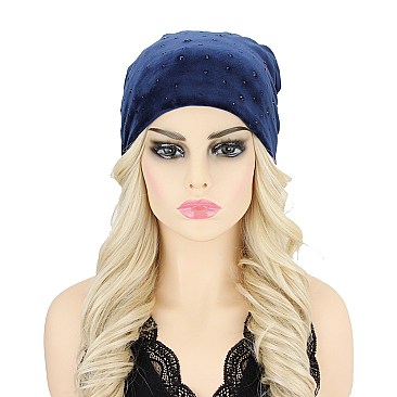 STYLISH RHINESTONE VELVET RUFFLE BEANIE