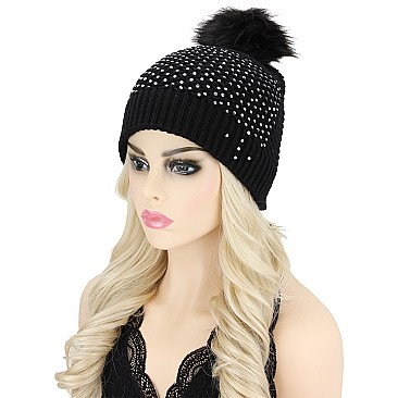 CUTE POM POM FUR THICK KNIT GEM BEANIE