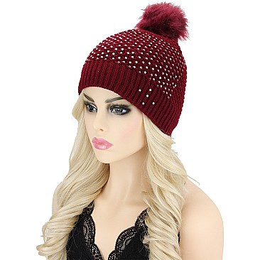 CUTE POM POM FUR THICK KNIT GEM BEANIE