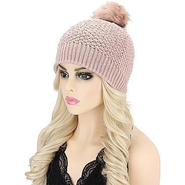 CUTE POM POM FUR THICK KNIT GEM BEANIE