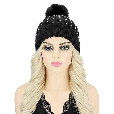 TRENDY POM POM FUR THICK KNIT GEM BEANIE