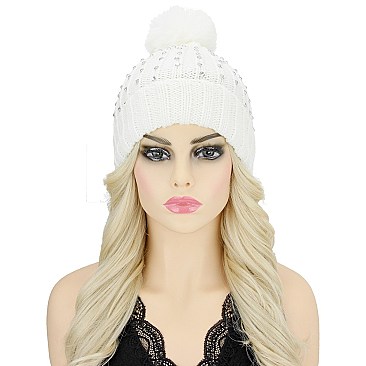 TRENDY POM POM FUR THICK KNIT GEM BEANIE