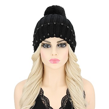 CLASSIC POM POM FUR THICK KNIT PEARL BEANIE
