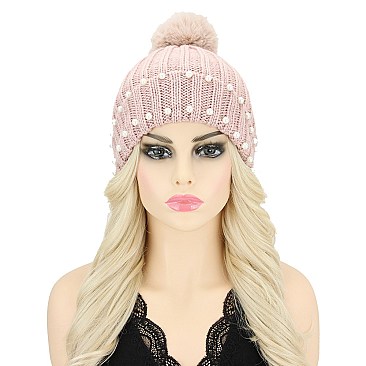 CLASSIC POM POM FUR THICK KNIT PEARL BEANIE