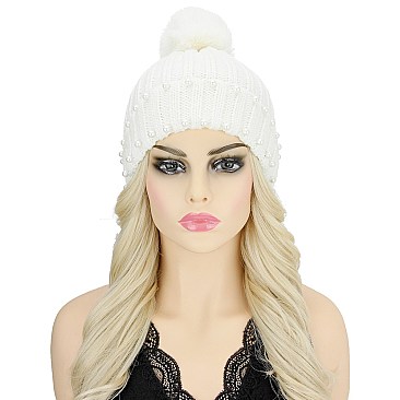 CLASSIC POM POM FUR THICK KNIT PEARL BEANIE