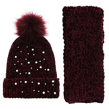 Soft Ribbed Beanie and Scarf Set With Pearl Beads