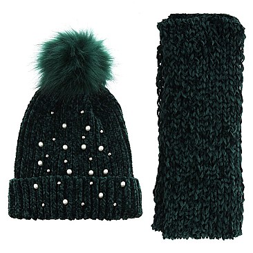 Soft Ribbed Beanie and Scarf Set With Pearl Beads