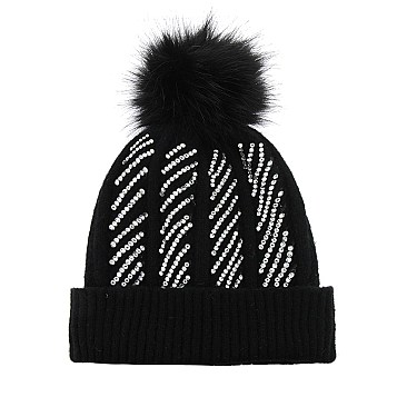 Embellished Diagonal Stripes Beanie