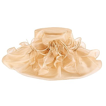 Fashion Organza Hat Large Brim Feathers and Ruffles Decor