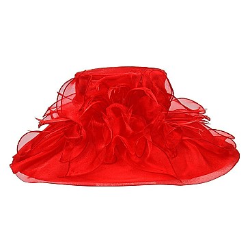 Fashion Organza Hat Large Brim Feathers and Ruffles Decor