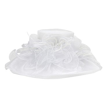 Fashion Organza Hat Large Brim Feathers and Ruffles Decor