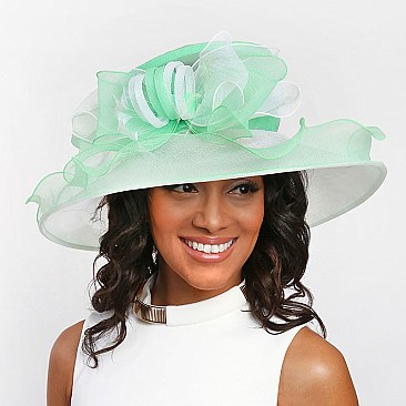 Fashionable Women Organza Hat Large Brim Bow and Ruffles Decor Two Tone MEZ2002
