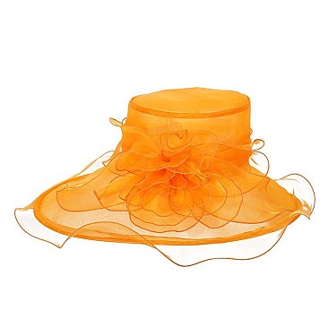 Elegant Large brim ruffle organza hat with floral center SLHTO2003