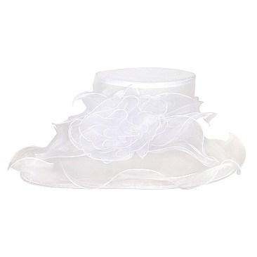 Elegant Large brim ruffle organza hat with floral center SLHTO2003