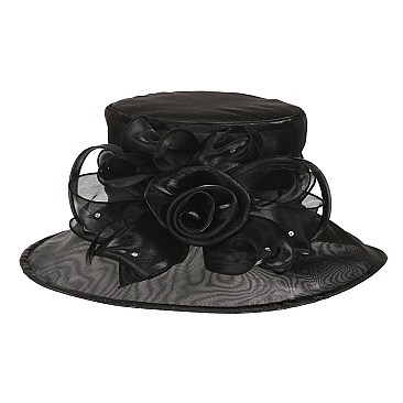 Ladies Organza Hat Medium Brim Rose Cluster Decor