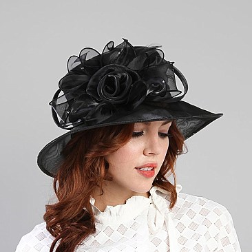 Ladies Organza Hat Medium Brim Rose Cluster Decor