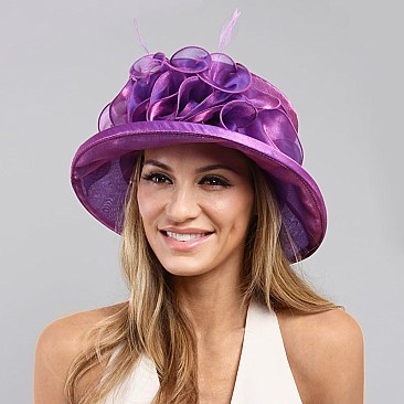 Ladies Organza Hat Medium Brim Floral Decor